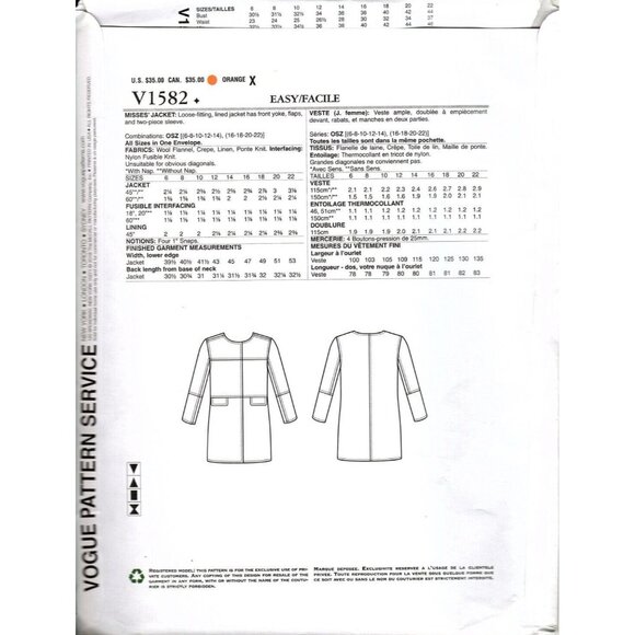 Vogue V1582 Misses 6 to 22 Designer Isaac Mizrahi NY Jacket Uncut Sewing Pattern - Picture 2 of 2